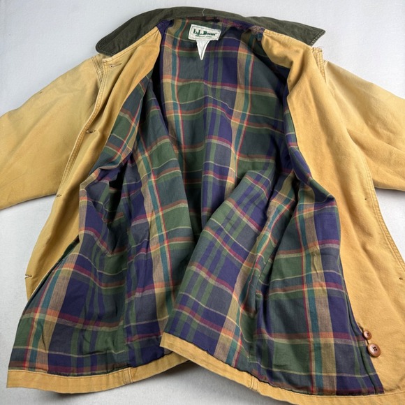 LL Bean Vintage Field Coat Tan Cotton Canvas Plaid Flannel Lined Barn Jacket - Picture 4 of 6